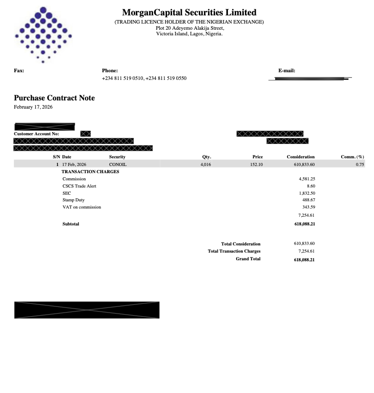 A redacted MorganCapital Securities contract note showing the structure of a typical Nigerian broker purchase contract note