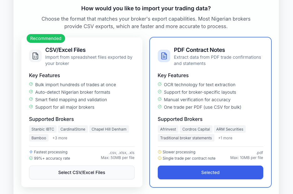 The import type selection screen showing CSV/Excel Files on the left (marked Recommended) and PDF Contract Notes on the right (selected with blue border)