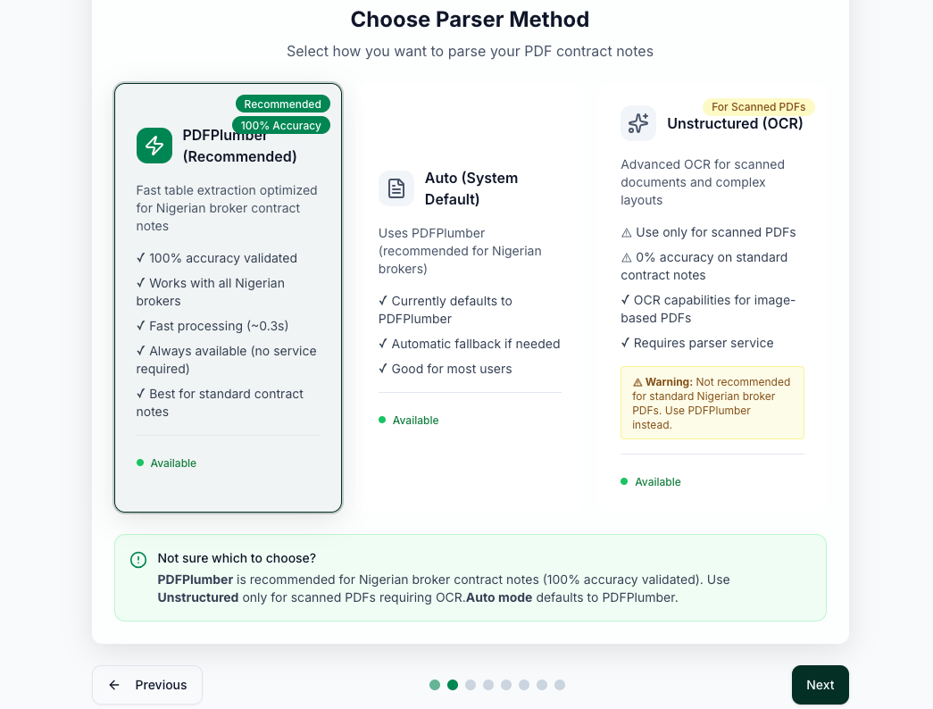 The parser selection screen showing PDFPlumber (Recommended, 100% Accuracy), Auto (System Default), and Unstructured OCR, with Previous and Next buttons at the bottom